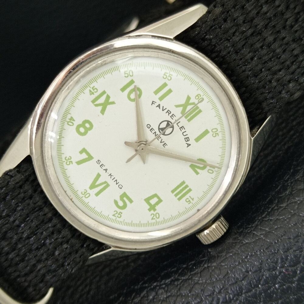 Vintage 1972 Favre Leuba Manual Mens Silver Watch W/Black Strap